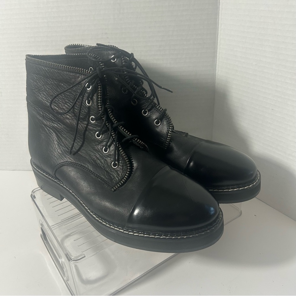 NEW JONAK Paris Women’s Black Leather Ankle Combat Moto Lace Up Boots